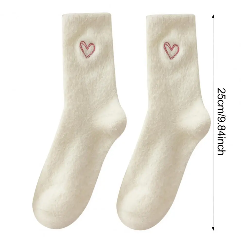 1 Pair Winter Floor Socks Thickened Plush Mid-tube Elastic Heart Embroidery Socks Anti-slip Comfort Warmth Women Sleeping Socks