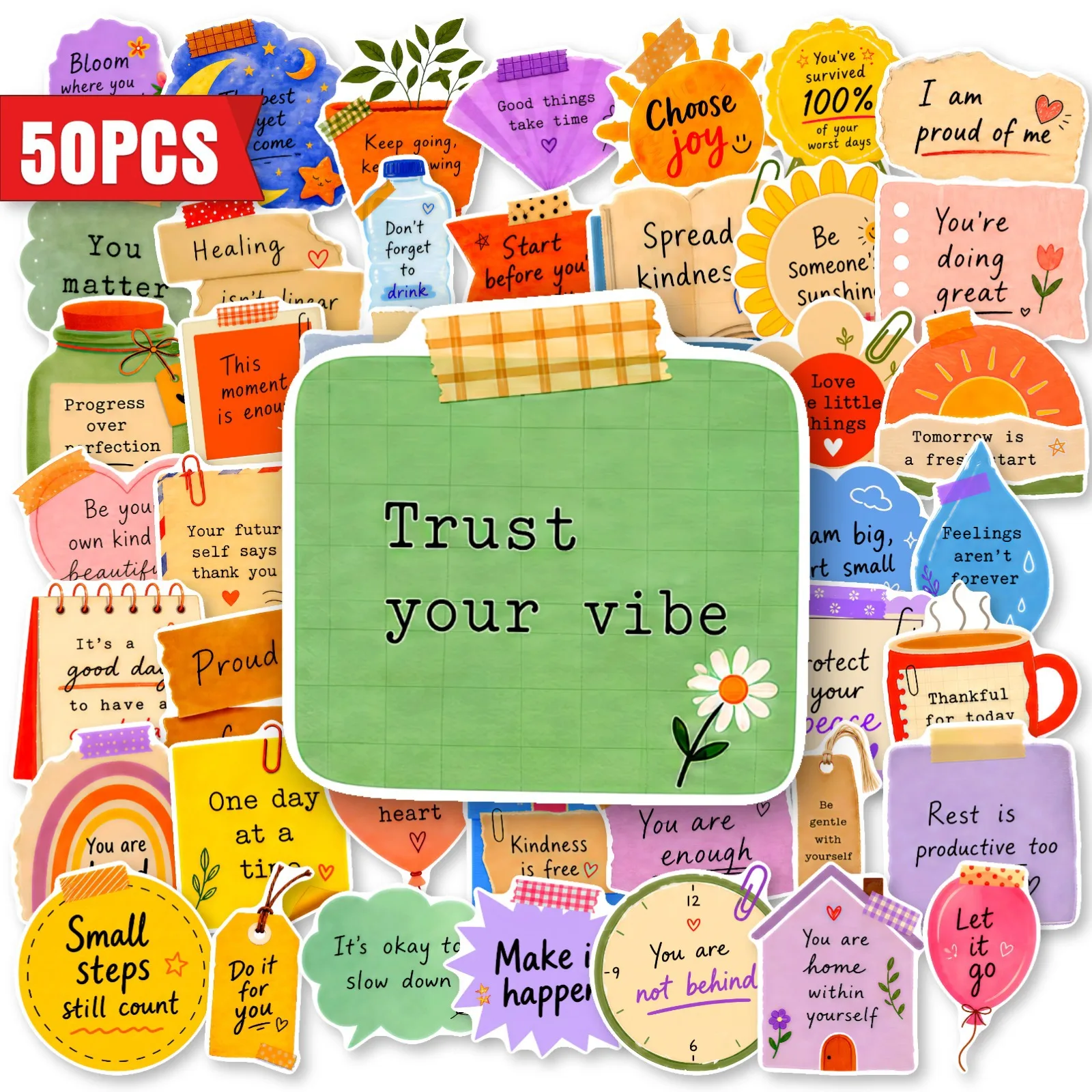 50 PCS Colorful Sticky Note English Encouragement Quote Self Care Graffiti Stickers Decorate Luggage Scrapbook Removable Decals