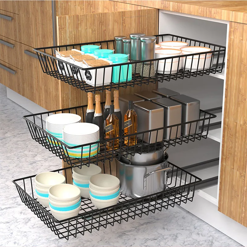 Black DIY Cupboard Basket Track Slide Rack Kitchen Storage Shelf Organizer Drawer Transformation Stainless Steel Wardrobe Basket