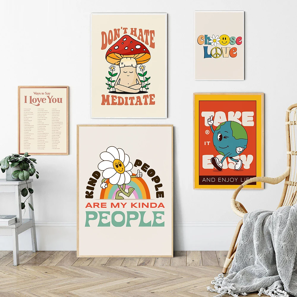 

70s Vintage Love Flower Meditation Hippie Wall Art Canvas Painting Nordic Posters And Prints Wall Picture For Living Room Decor