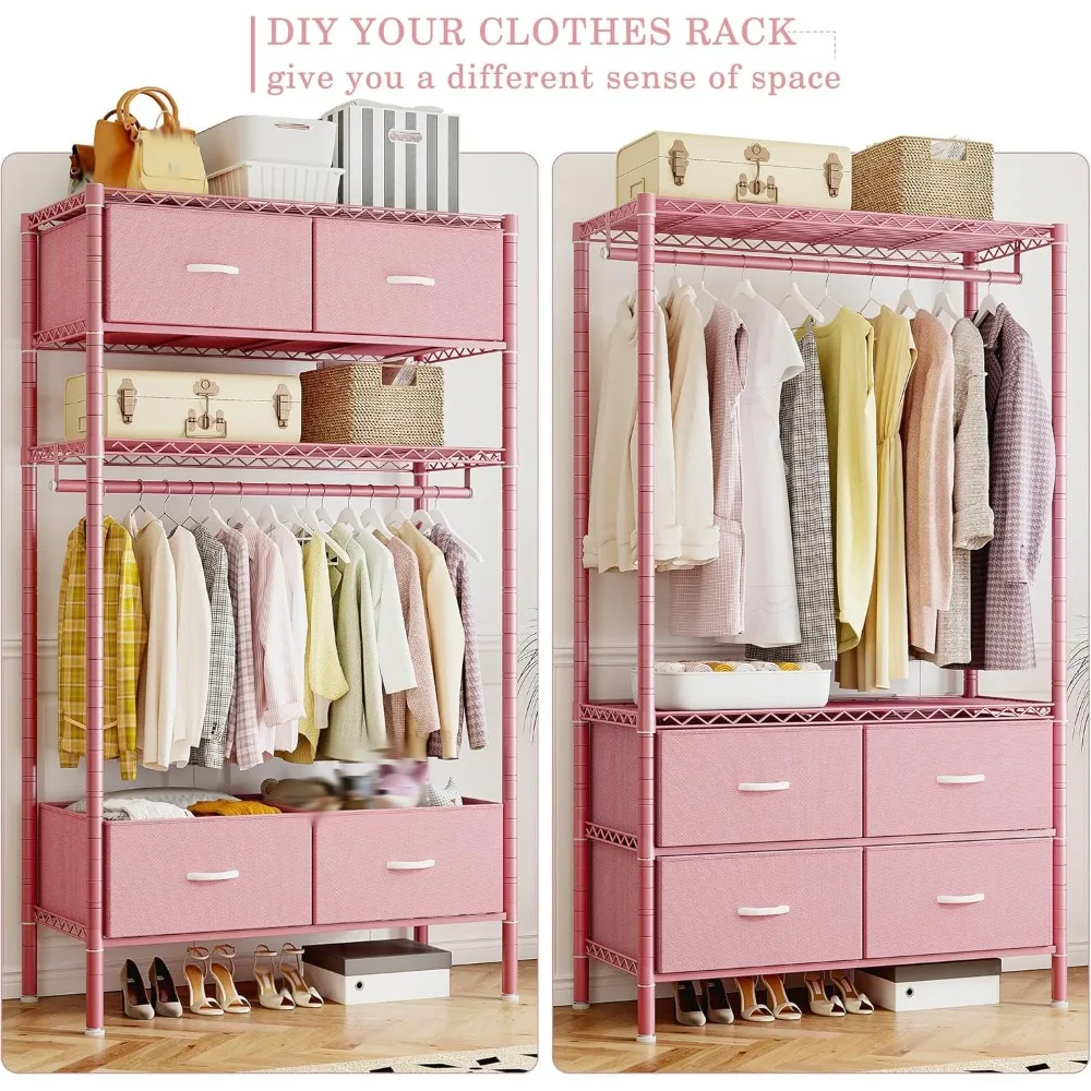 رف ملابس معدني محمول عالي التحمل مع أرفف و4 أدراج، مثالي لتعليق وتخزين الملابس باللون الوردي