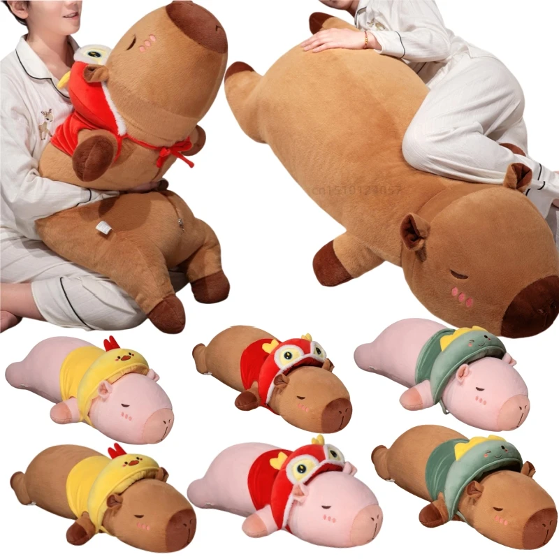 Hot Adorable Capybara Long Throw Pillow Plush Toys Wear Hat  Chicken Dinosaur  Funny Soft Stuffed Animals Dolls Birthday Gifts