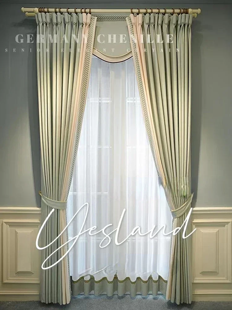 

Simple American Luxury Curtains for Living Room Bedroom Modern Blackout High-end Noble Villa Green Splicing Custom Size