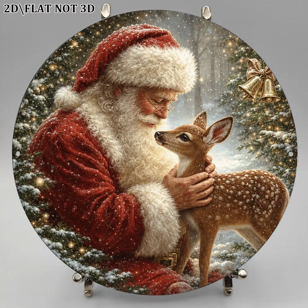2D Flat, 1pc 8x8in/20x20cm 2D Flat Round Sign, Vintage Plaque Featuring Santa Claus and Reindeer, Christmas Themed Decorative Si