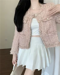 Fashion Celebrity Women Pink Blue Tweed Short Jacket New Fall French Elegant Woven Coat Tassel Hem O Neck Cardigan Chic Outwear