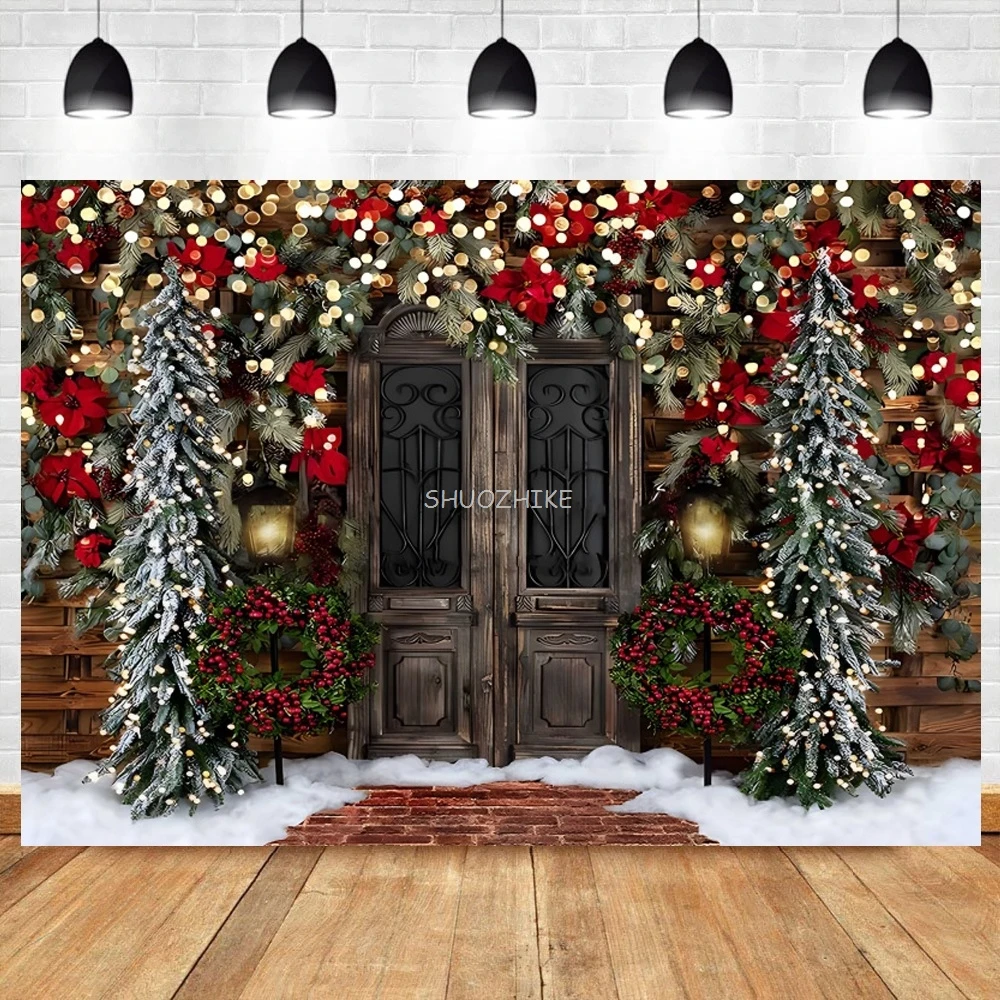 

Merry Christmas Pink Curtains Backdrop Winter Window Snow Scene Xmas Tree Gift Kids Family Portrait Photography Background