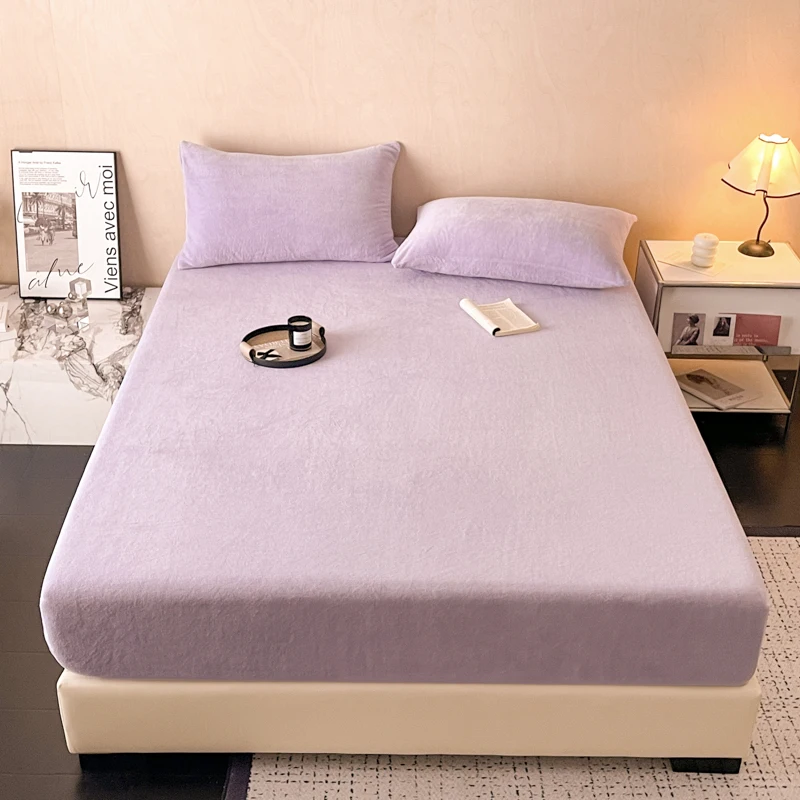 3pcs Purple Flannel Fitted Sheet Solid Color Bedding Set Winter Warm Plush Bed Sheet Set Home Bedroom Decor Deep Pocket Sheet