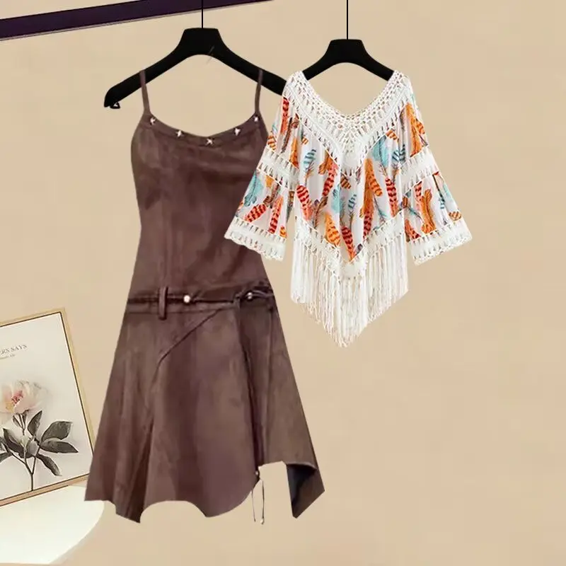 Summer Fashion Bohemian Hoodie Paired with Ethnic Style Dress Set Women's Two-piece Outfit