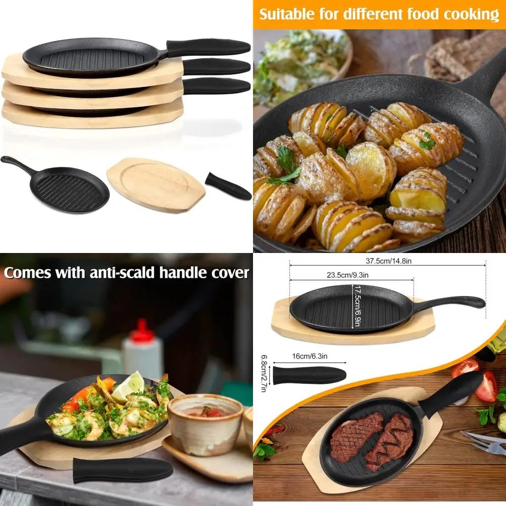 

Tanlade, 3 комплекта чугунных навыков, предварительно приправленная сковорода Fajita, сверхмощные строительные тарелки Sizzling с деревянным основанием и силиконом