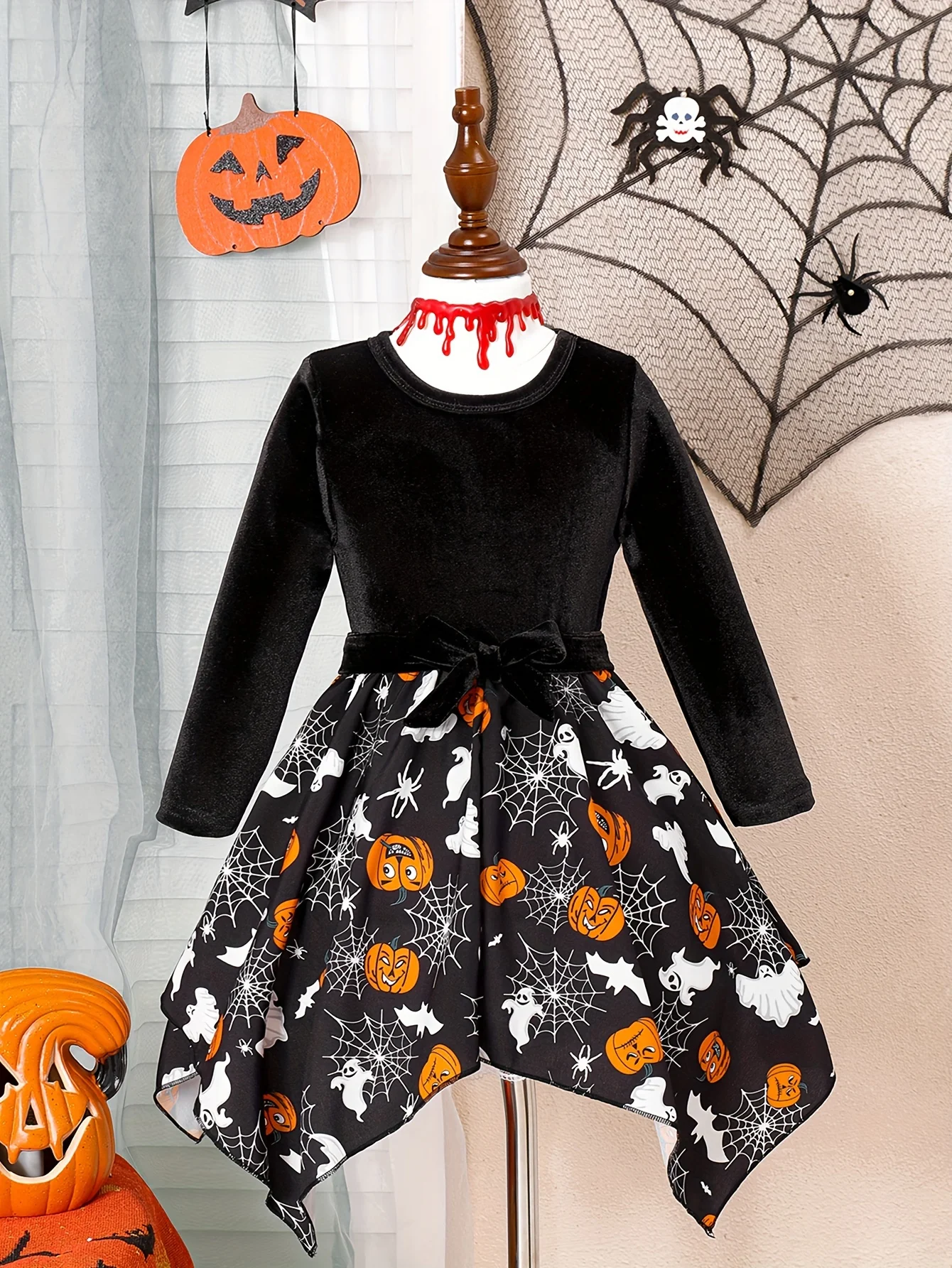 Girl's Spring and Autumn Dress, Casual, Fashionable, Fun, Vibrant, Mischievous, Pumpkin Halloween Long Sleeve (Comes with 1 Belt