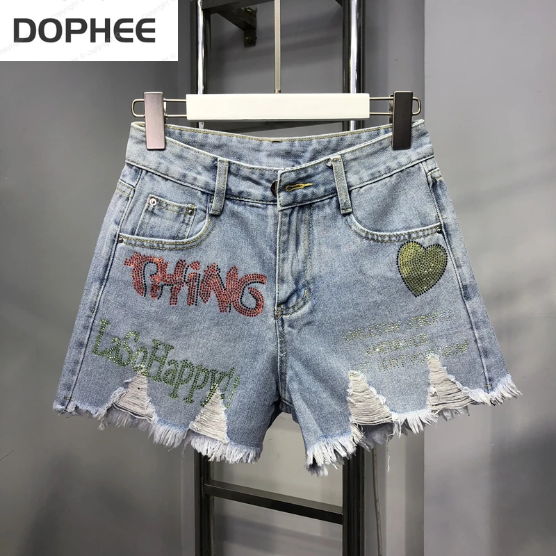 

Colored Lettering Hot Drill Ripped Jeans Shorts 2022 New Summer All-match High Waist Loose A-line Wide Leg Hot Denim Shorts