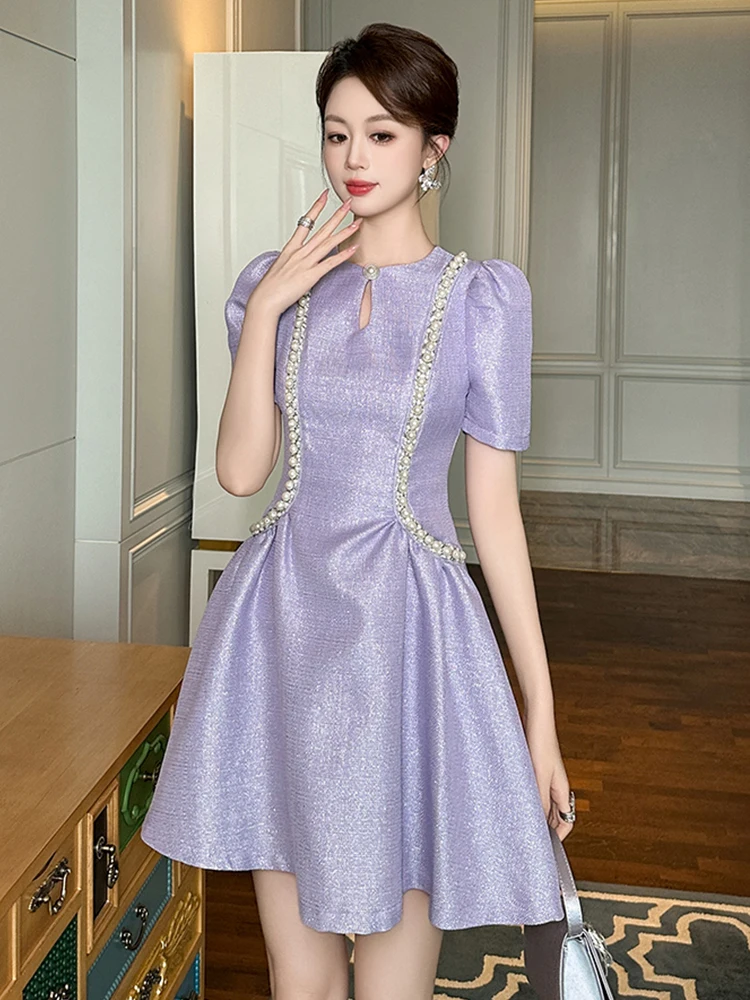 Elegant Luxury Princess Dress Women Clothes Sparkly Retro Bubble Sleeve Pearl Folds Short Ball Gown Evening Party Prom Vestidos