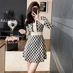 #0943 Knitted Sweater Dress Women Polo Collar Buttons Mini Dress Female Slim Fit Sexy Vintage Short Dress Ladies A-line Retro