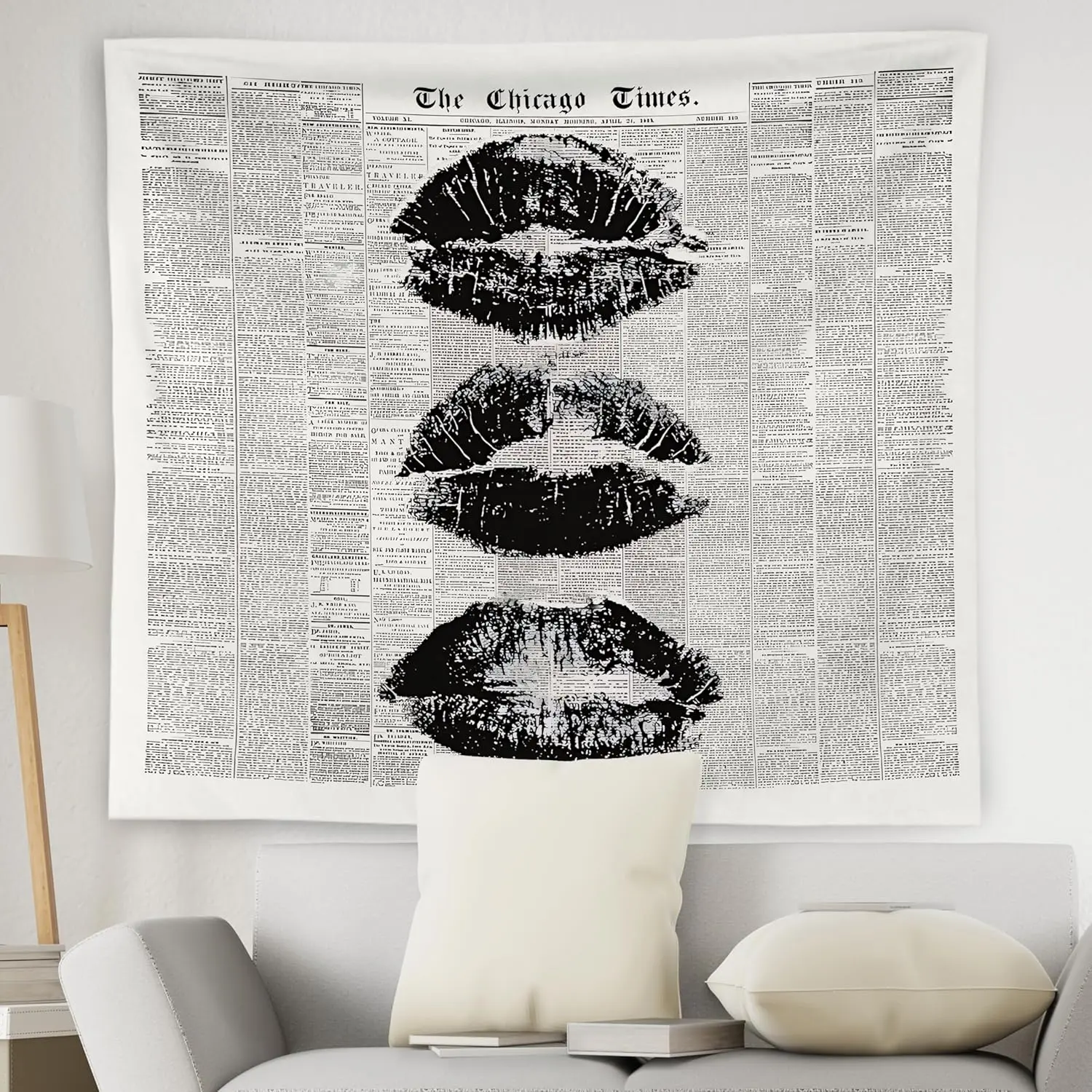 Vintage the Chicago Times Newspaper Tapestry Wall Hanging,Retro Chic Black and White Minimalist Kiss Lips Wall Blanket Decor for