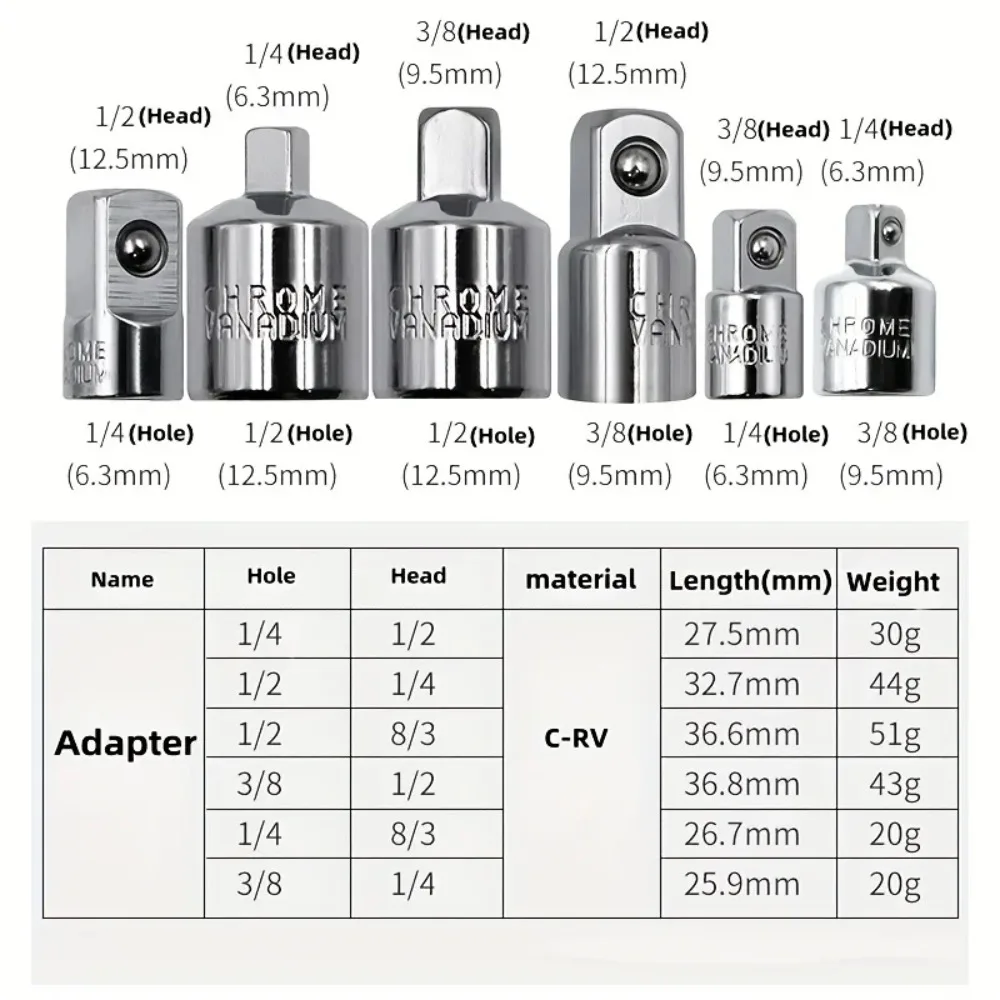 Ratchet Wrench Socket Converter Sleeve Head Adapter 1/2 "To 3/8" Fly To 1/4 "Stainless Steel To 1/4" To 1/2 "To 3/8 image 2