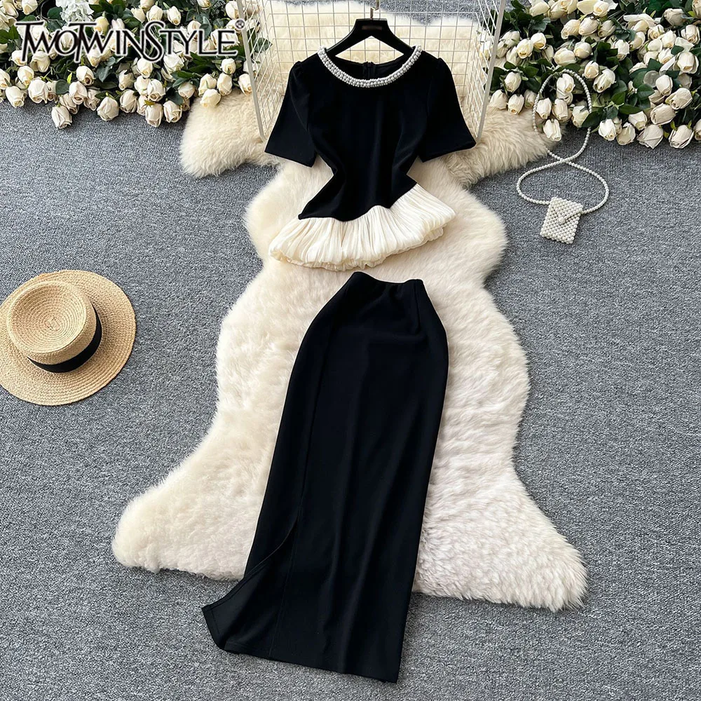 

TWOTWINSTYLE Vintage Two Piece Sets For Women Round Neck Short Sleeve Top High Waist Long Skirt Chic Set Female New KSE540680