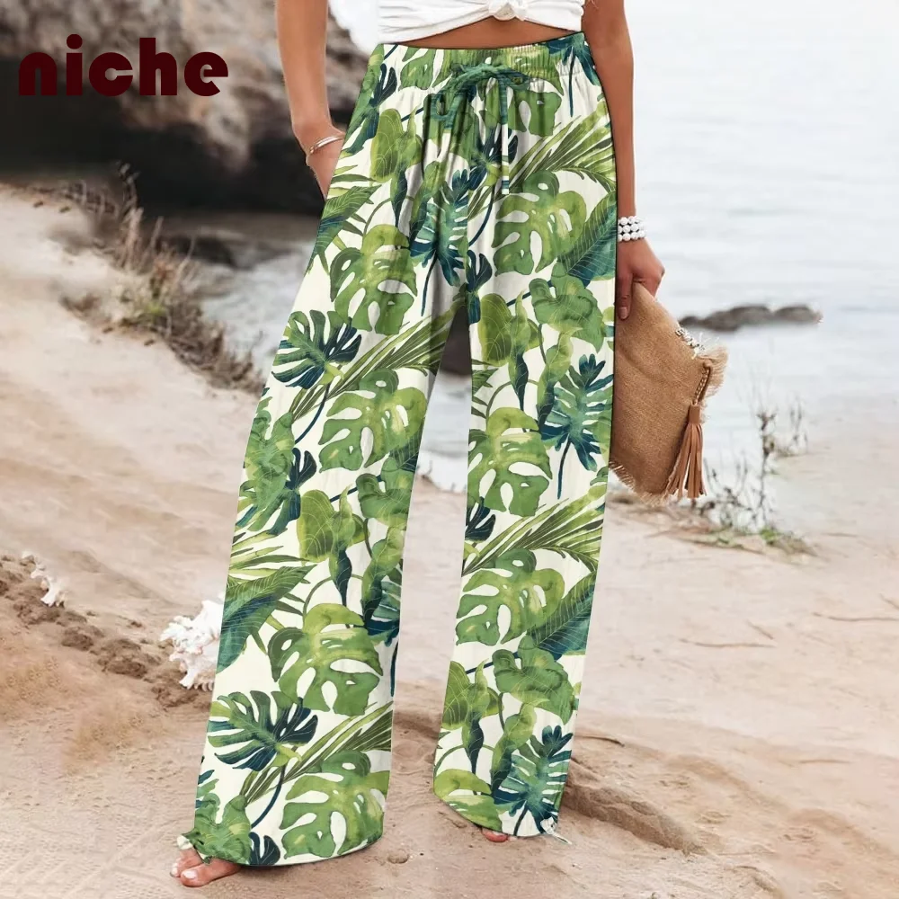 Fresh Ladies Beach Pants Green Leaf Graphic Printing High Quality Cotton And Linen Soft Fashion Trend New Loose Trousers