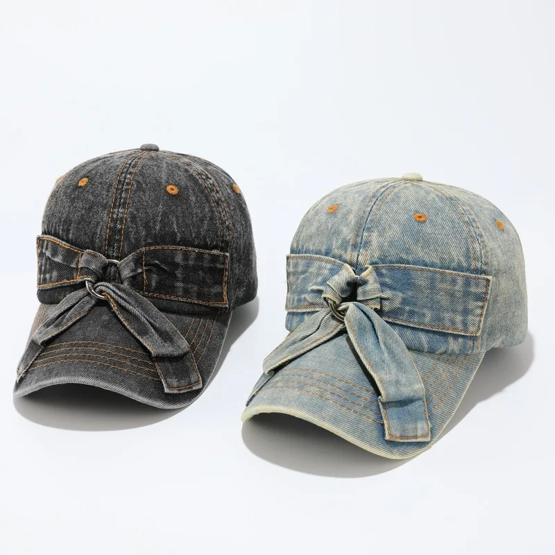 Washed distressed denim bow baseball cap for women, Korean style, oversized and deepened, thin sun protection cap for men