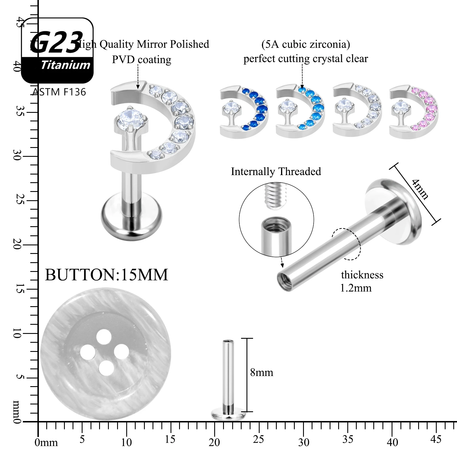 10Pcs G23 Titanium Ear Pierc Moon Shape CZ Lip Helix Studs Tongue Piercing Jewelry Cartilage Tragus Earrings Wholesale