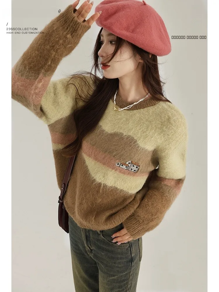 

Женский свитер с вышивкой Color Blo, пуловер с круглым вырезом, мягкий облегающий топ Yang Bubble, зимний модный повседневный стиль