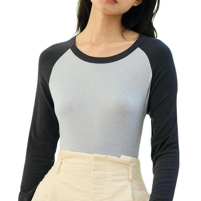 Abbigliamento da donna Anali primaverili e autunnali Versione sottile Strato base Blocco colore Maniche lunghe Top Girocollo Maglieria