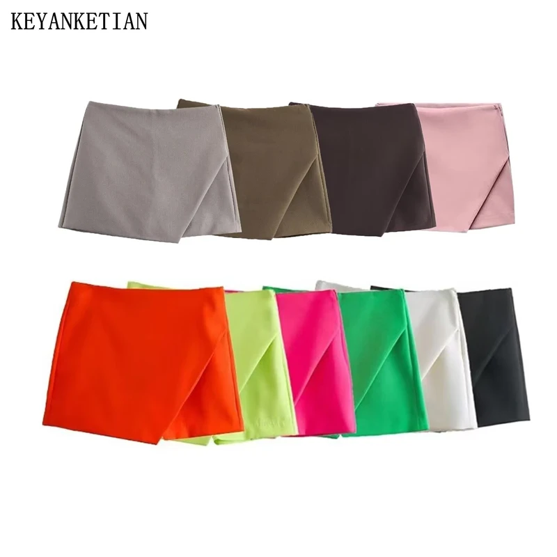 KEYANKETIAN 2025 New Women's Asymmetrical Pantskirt Office Lady Solid color Side Zipper High Waist Slim Thin Straight Shorts