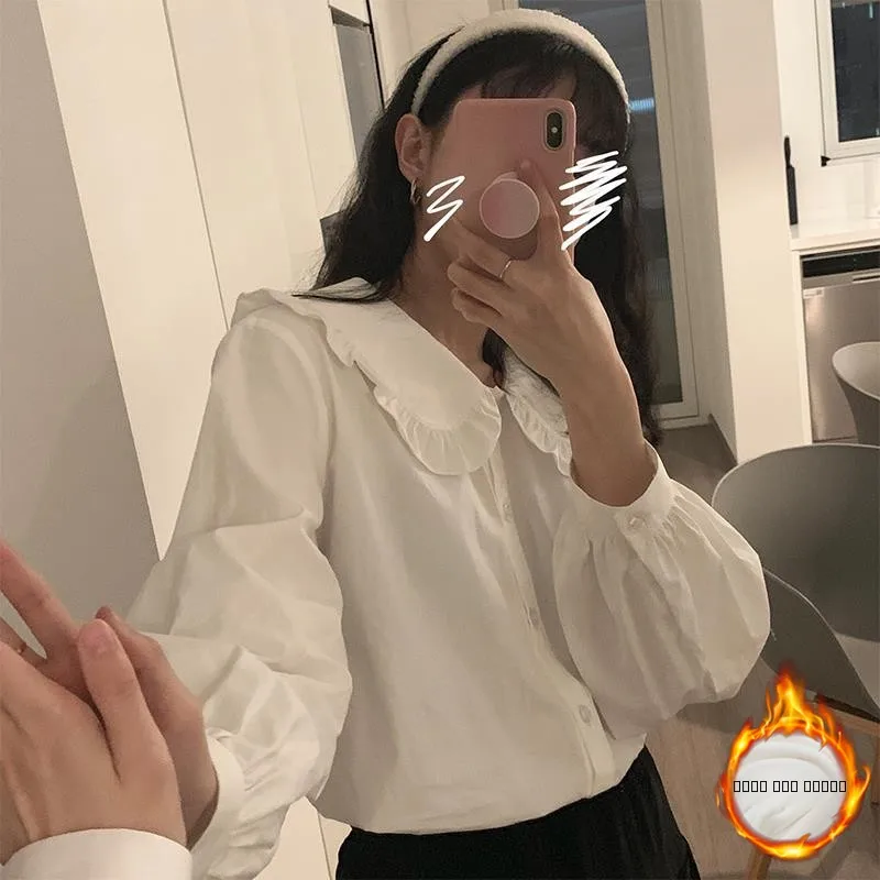 

Retro Doll Collar Fce Lined Long Sve Women's irt Inner Wear Sweet Sle Japanese Sle Straight Cut Pure Color Button...