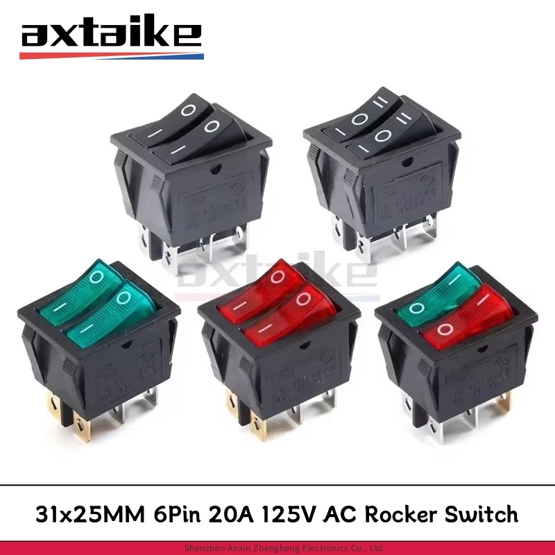 

5PCS 31*25MM 6Pin KCD4 Rocker Switch Boat Power Button With Lamp Red Green Black ON-OFF ON-OFF-ON KCD8 16A 250V 20A 125V AC KCD4