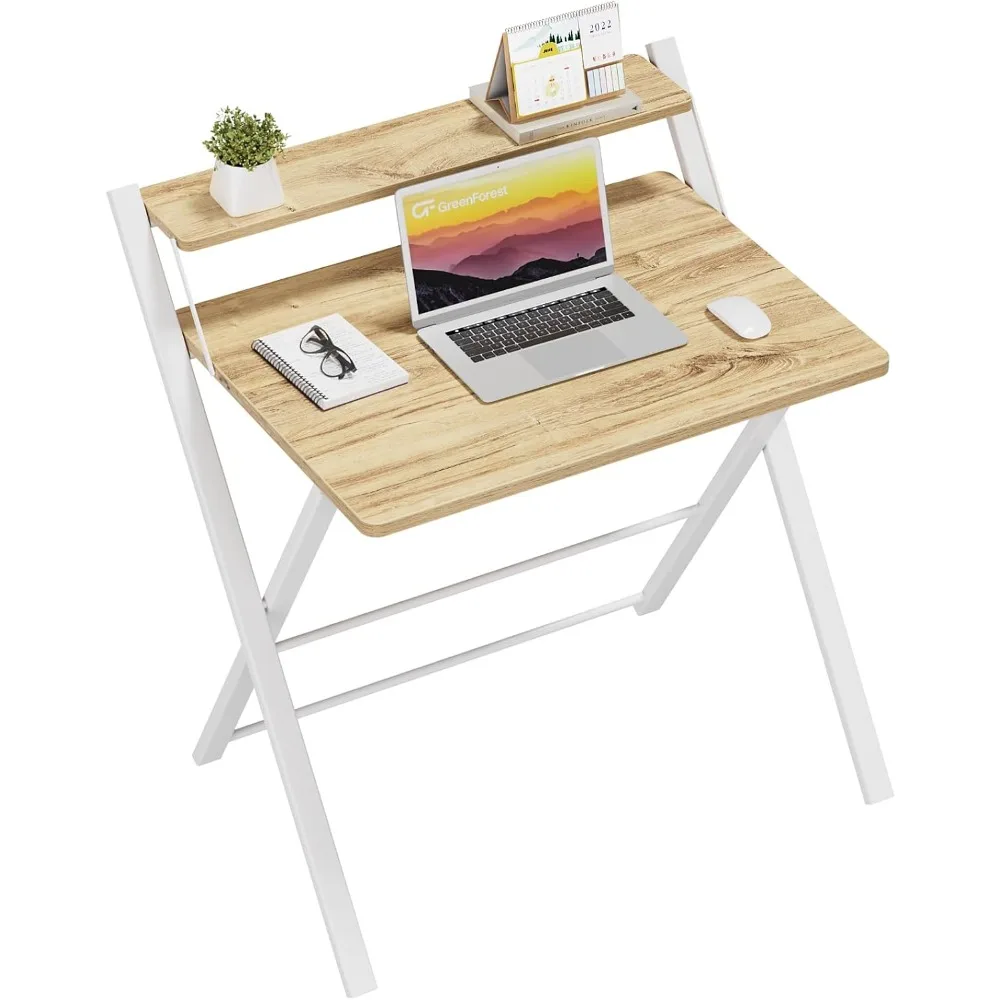 

No Assembly Folding Desk, 2-Tier Compact Computer Desk with Shelf, 30 inch Space Saving Foldable Table for Home Office, Dorm or