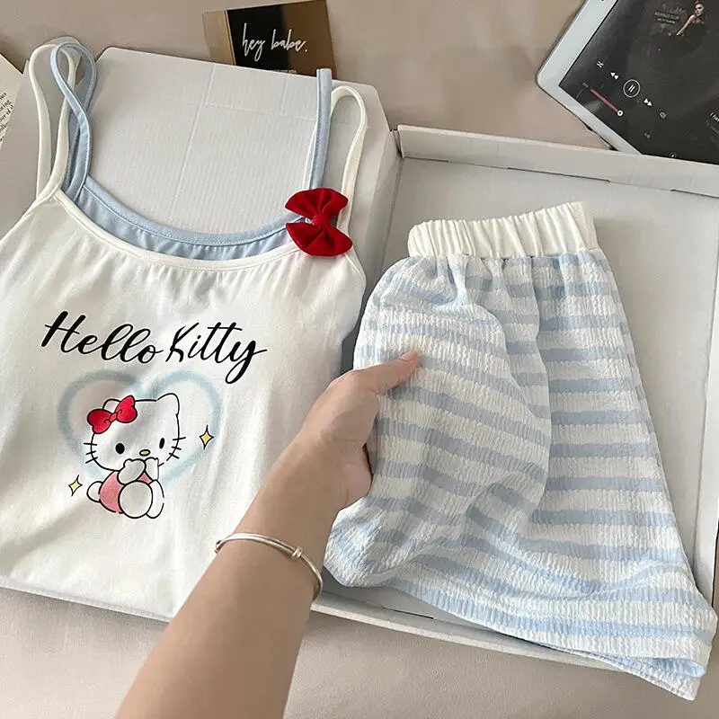 

Женский пижамный комплект с шортами на бретелях, летний новый домашний костюм без рукавов, студенческий жилет, корейский милый мягкий комплект из двух предметов
