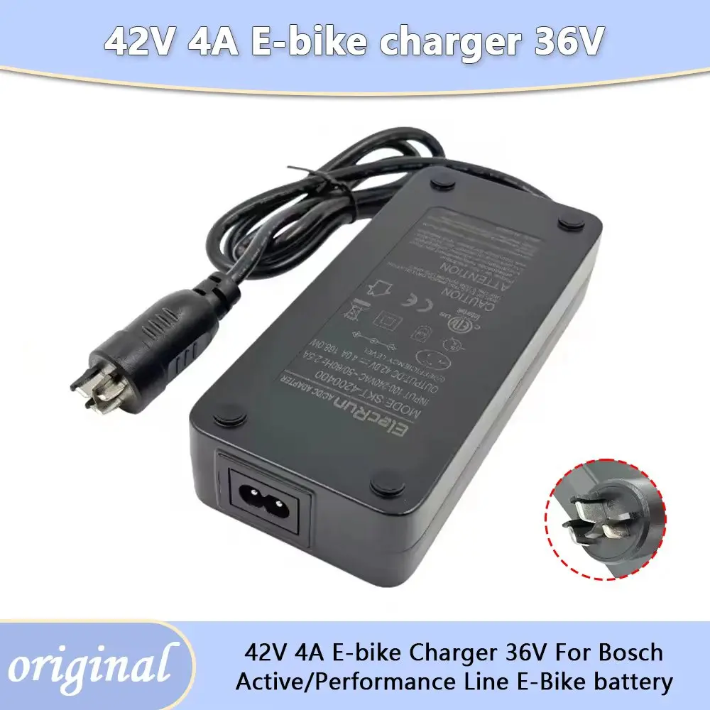 Elecrun Charger For 42V 4A 3 Pin Bosch Active/Performance Line E-bike 36V Battery Standard Charger Accessory Spare Parts