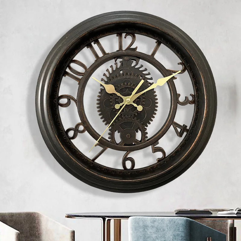 

11 Inch 27.5cm European Retro Old Wall Clock Hollow Gear Round Wall Clock Creative Living Room Mute Pointer Clock Wall Decoratio
