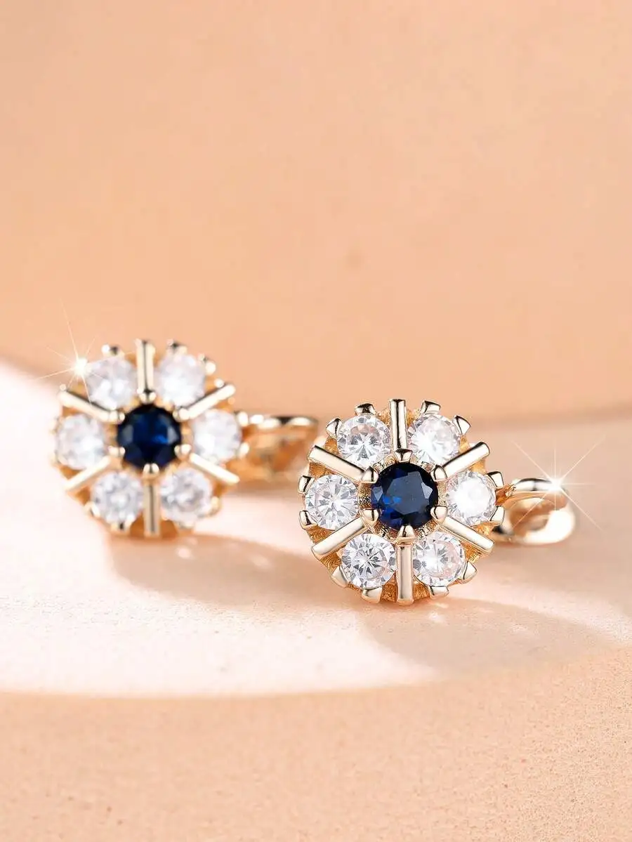 1 Pair Shiny Multicolor Cubic Zirconia Floral Gold Stud Earrings, Designed For Women, Suitable For Party Wear, A Great Birthday