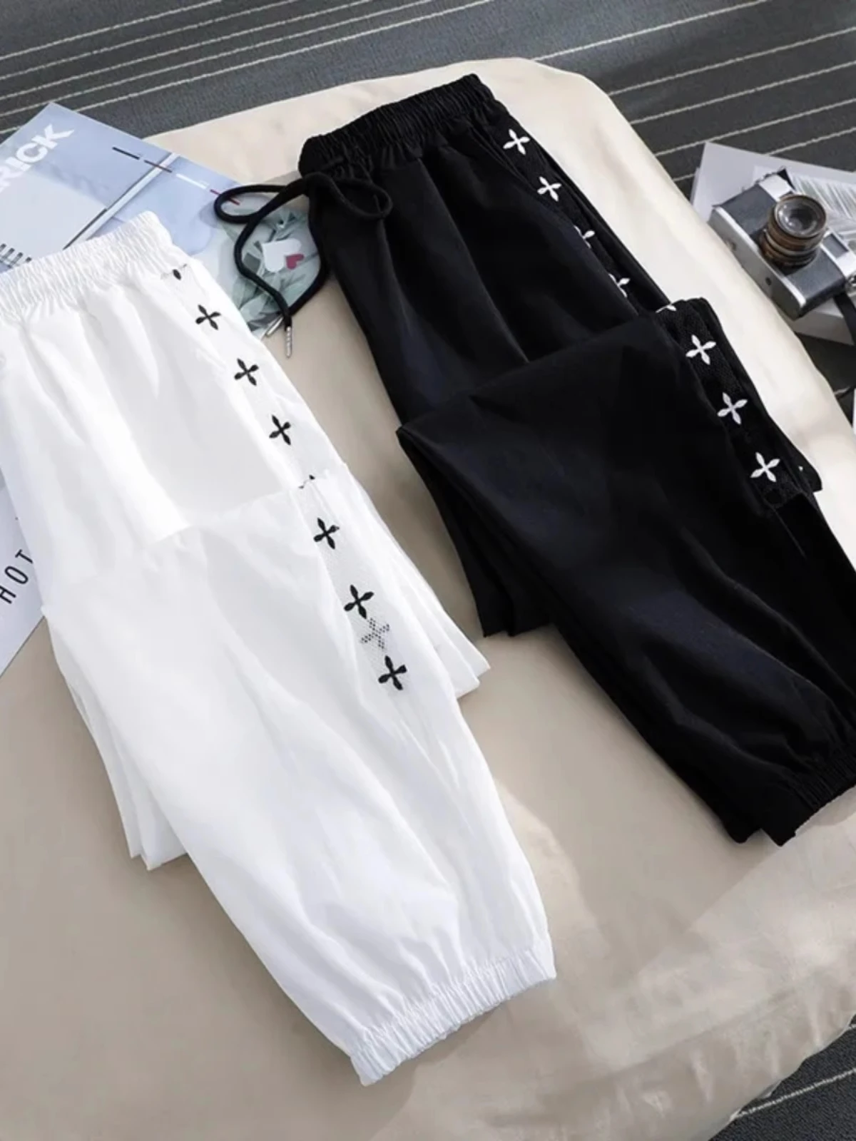 

Ледяной шелк Qui Dry Спортивные брюки женские летние тонкие большие размеры маленькие свободные брюки с манжетами Me повседневные брюки с высокой талией девять очков