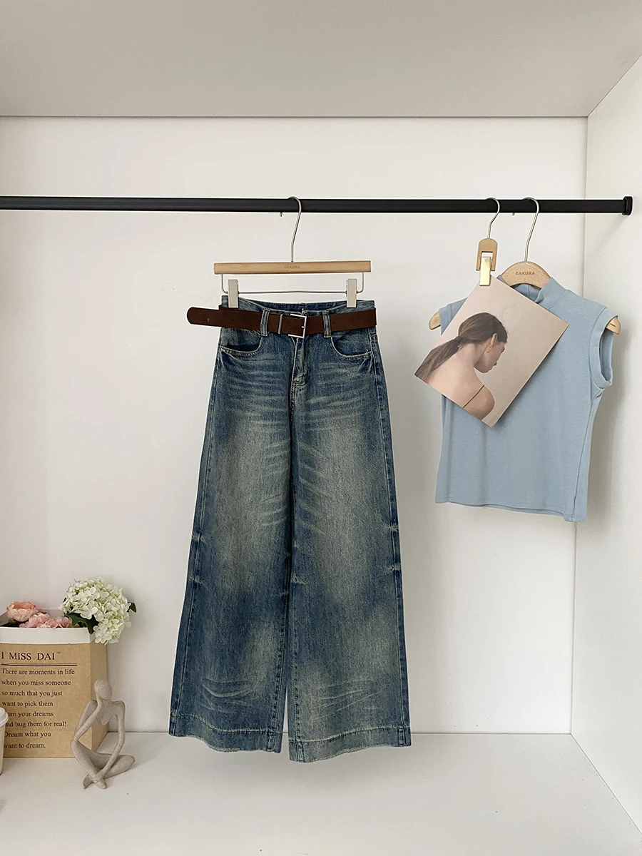 

High Waist Slim Fit Wide Leg Denim Jeans Women's Retro American Style Washed Color Autumn 2025 New Fashion Commute Wind