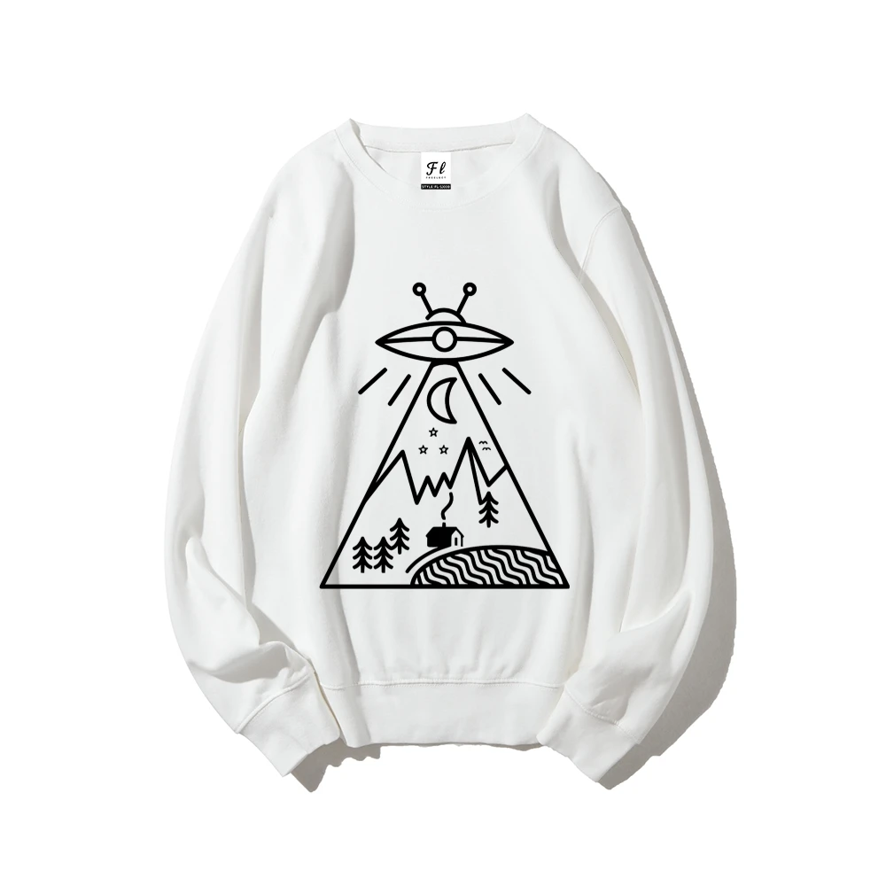 UFO Mountain Sweatshirt الغريبة موضوع طباعة الخريف الشتاء عارضة فضفاضة طويلة الأكمام الاسترخاء فريدة من نوعها الإبداعية Dailywear القماش قمم