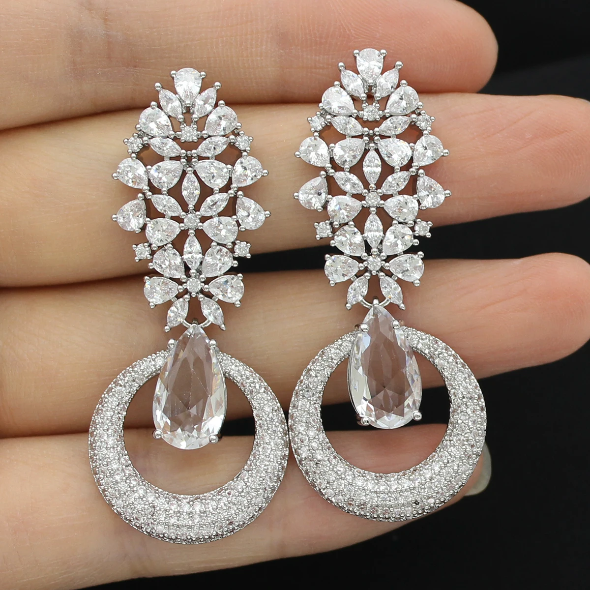 exquisite big long dangle earrings for women luxury jewelry wedding evening party shiny cubic zirconia plant leaf earrings