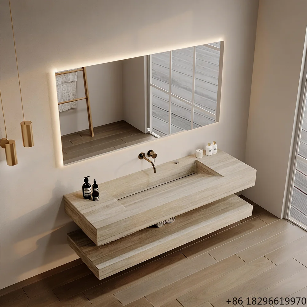 

Travertine Stone Top Integrated Floating Vanity Bathroom Sink Wall Mounted for Hotel