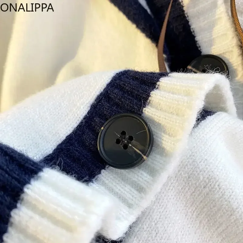 Onalippa-Women Contrast Striped Sailor Collar Knitted Cardigan Single Breasted Loose Cardigans, Japanese Preppy Style Sweet