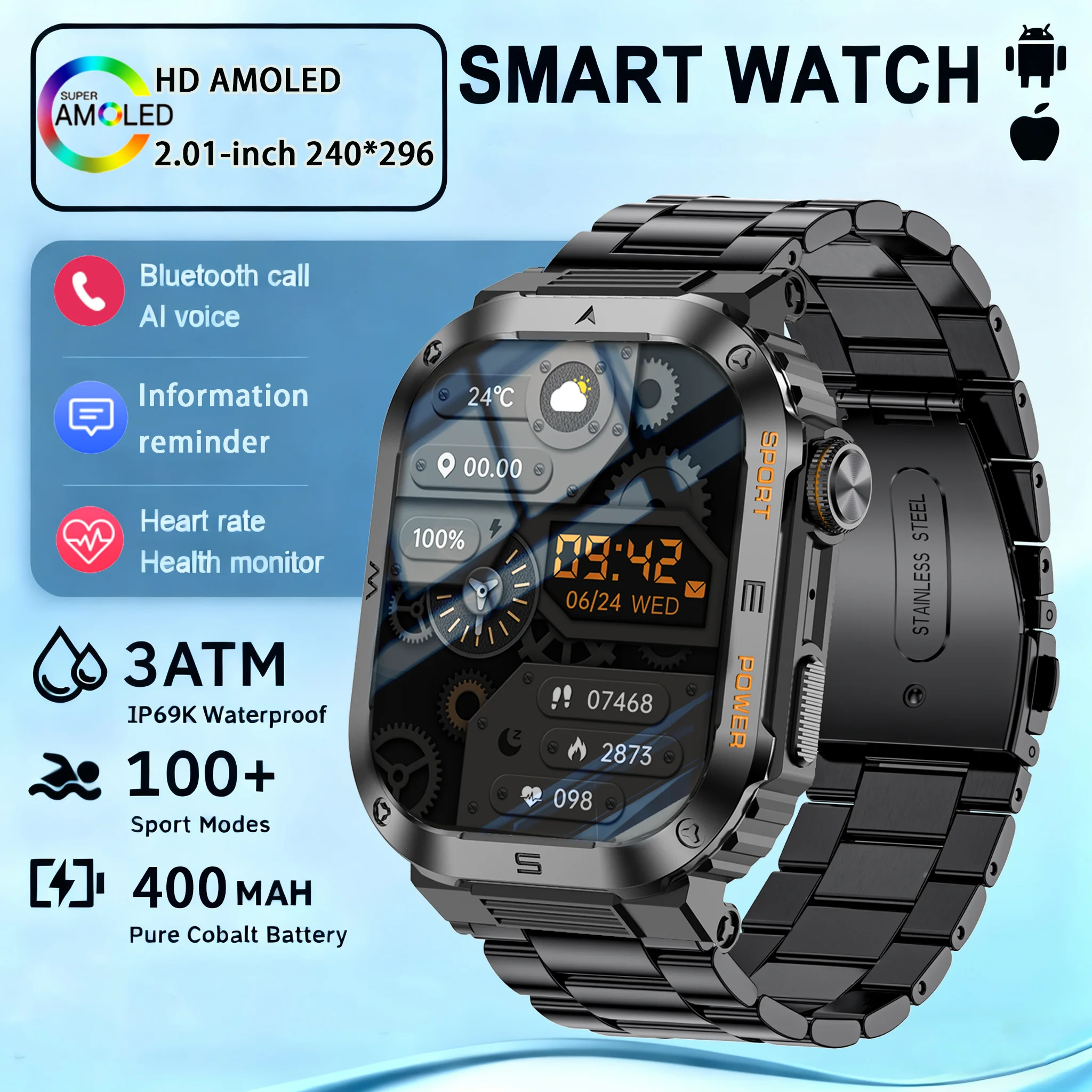 

Новинка 2024 года, военные умные часы, мужские фонарики, компас, IP68, водонепроницаемый спортивный трекер на открытом воздухе, HD Bluetooth, умные часы с вызовом, новые