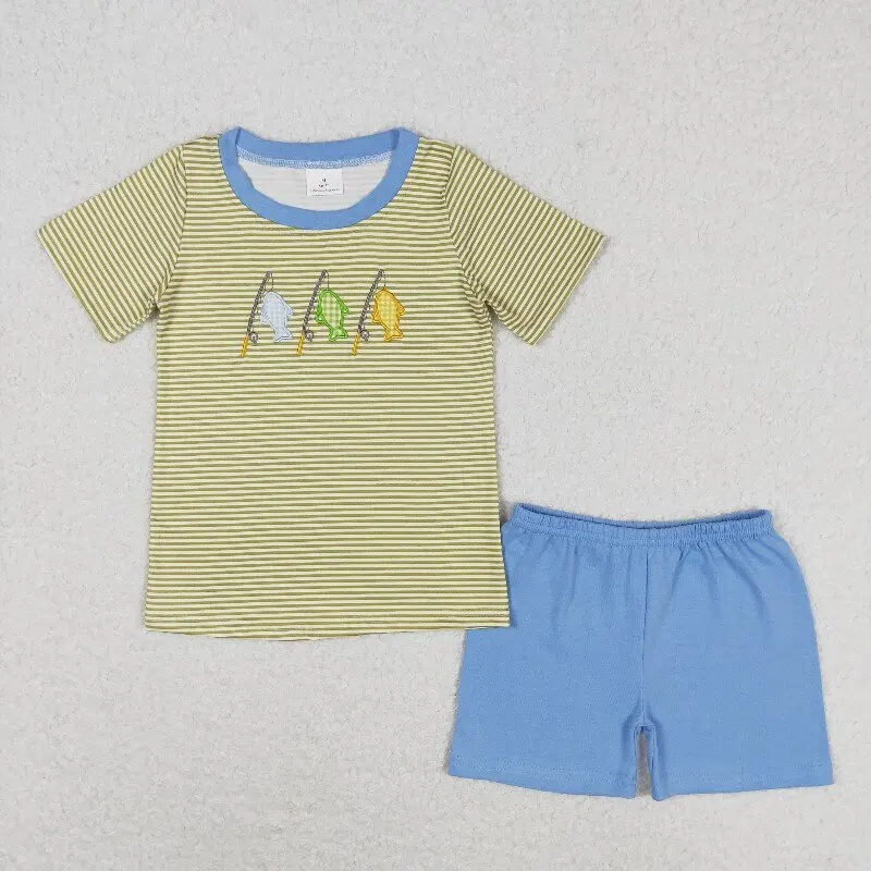 

New rts baby boy summer suit wholesale boutique embroidery fishing yellow striped short sleeve blue shorts set BSSO0732