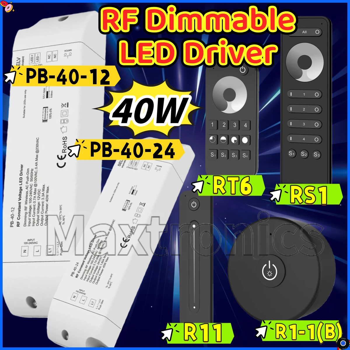 

DC12-24V 40W RF Dimmable LED Driver PB-40-24/12 Constant Voltage LED Power Supply 2.4G Wireless Remote For Single Color LED Lamp