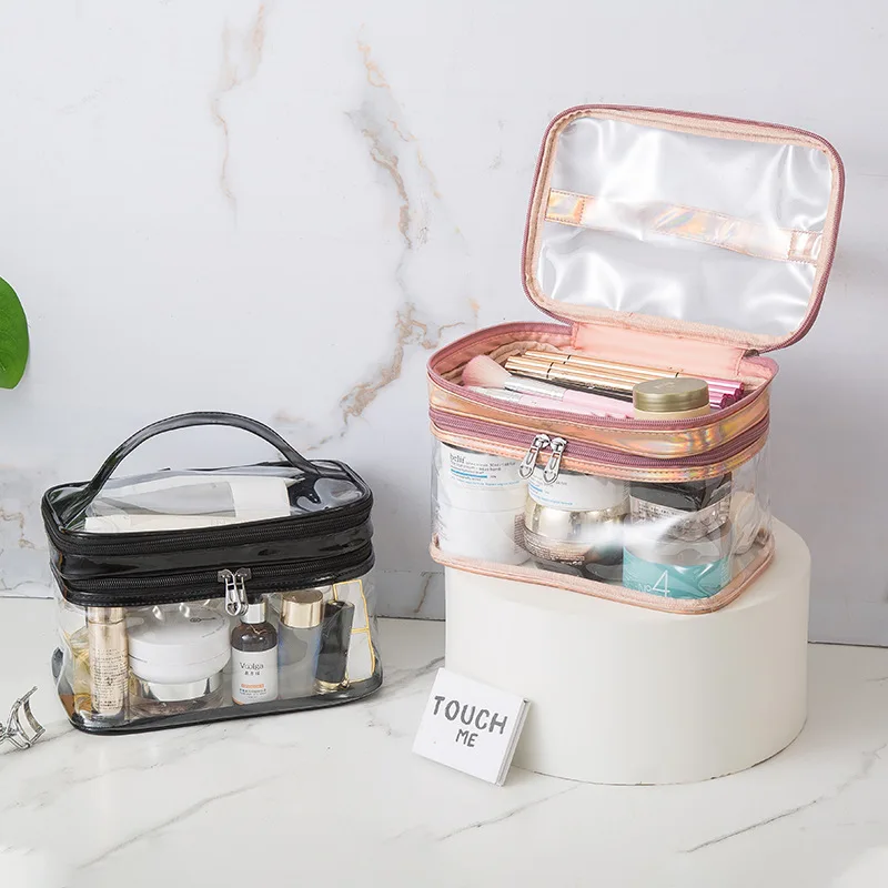 PVC Transparent Double-layer Portable Cosmetic Bag Large-capacity Layering Waterproof Toiletry Bag Convenient for Travelling