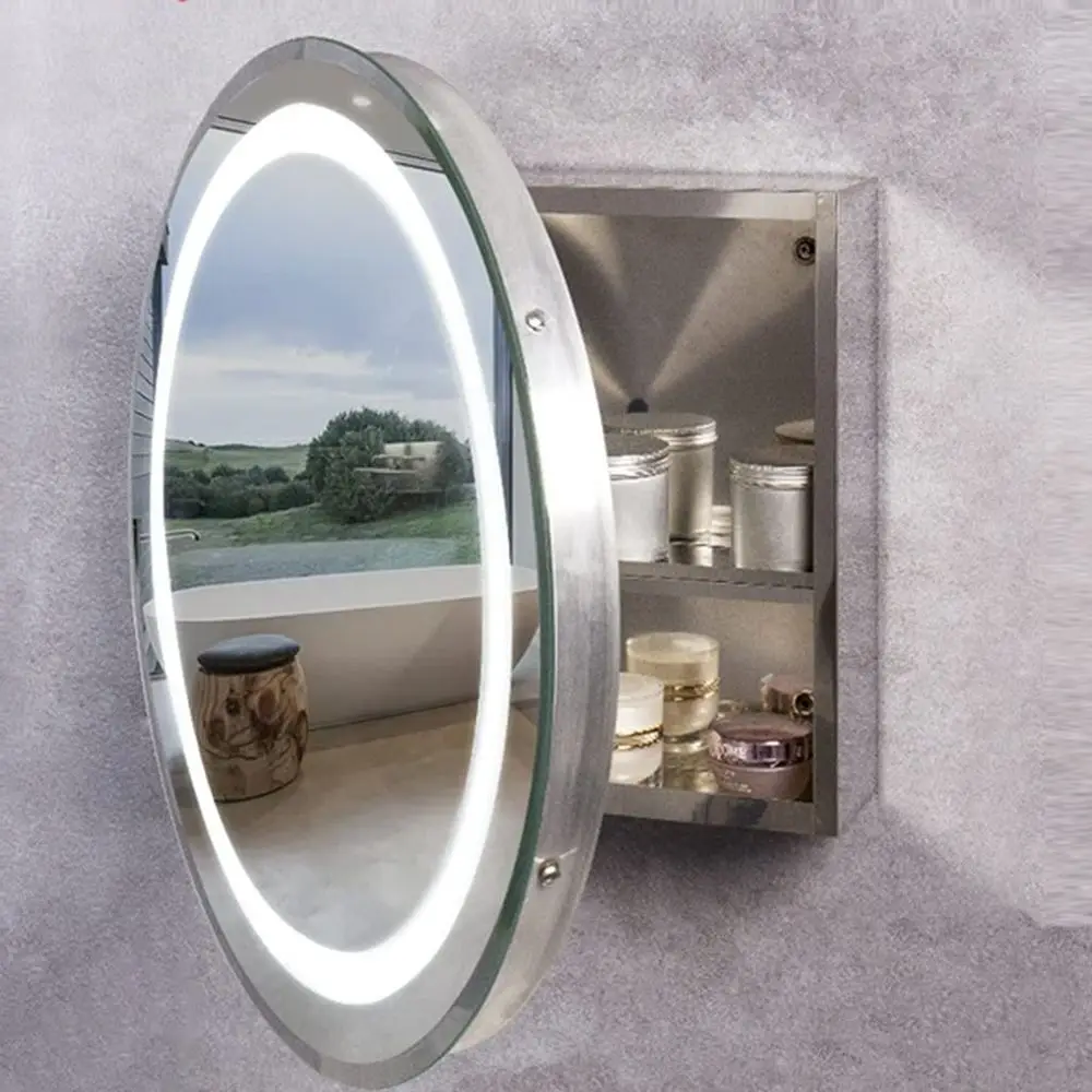 LED Round, WallMounted Storage Cabinet, Shelves for Storing Toilet Items, Medicine Cabinet with Mirror