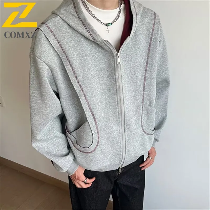 

COMXZ 2025 New Men's American jacket Spring Autumn Streetwear Stitch Detail 3D Cut Hoodie Trendy Loose Versatile Casual Top 2025