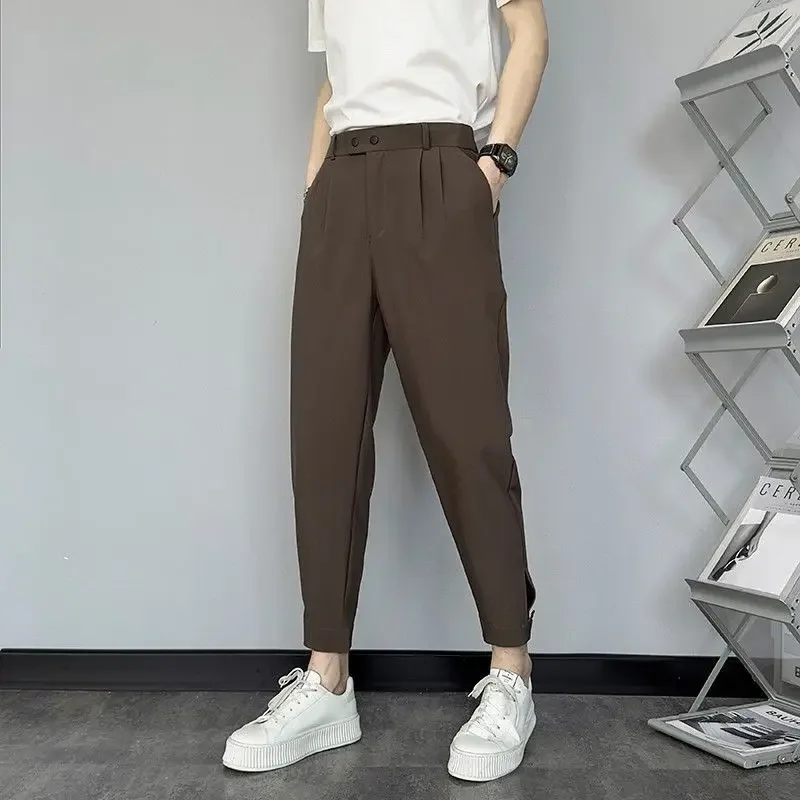 Tressed Male Suit Trousers Elastic Stretch Slim Fit Men's Summer Pants Business 9 Cropped Social Tailoring Up Chinese Homme 2024