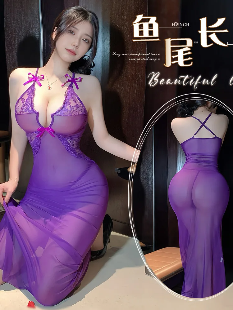 ชุดเดรสยาวเซ็กซี่เซ็กซี่ชุดชั้นในตาข่ายลูกไม้ Sheer Lace ชุดไนท์คลับ OL ชุดไนท์คลับแฟชั่นผู้หญิง Robe 6HHT