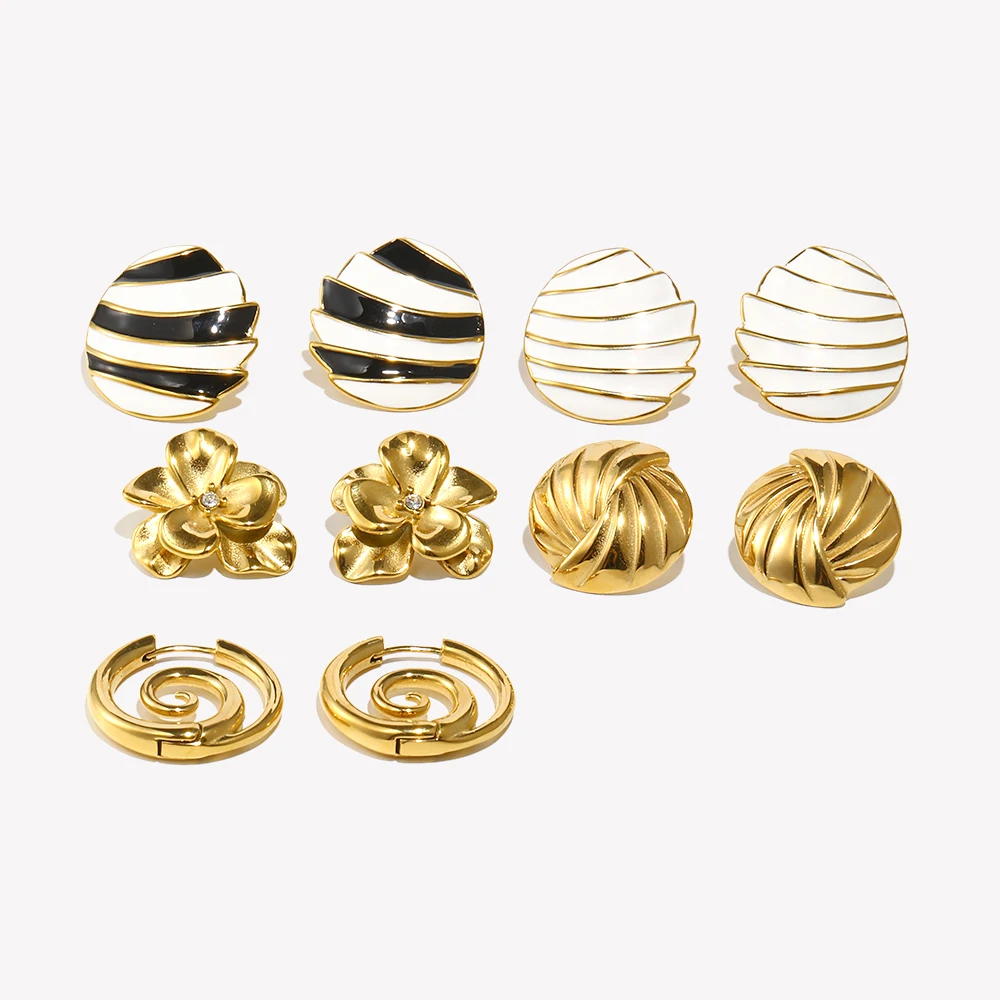 E.B.belle Spiral Conch Scallop White Braided Striped Circular Hollow Rhombus Splicing Sail Shaped Enamel Flower Earrings