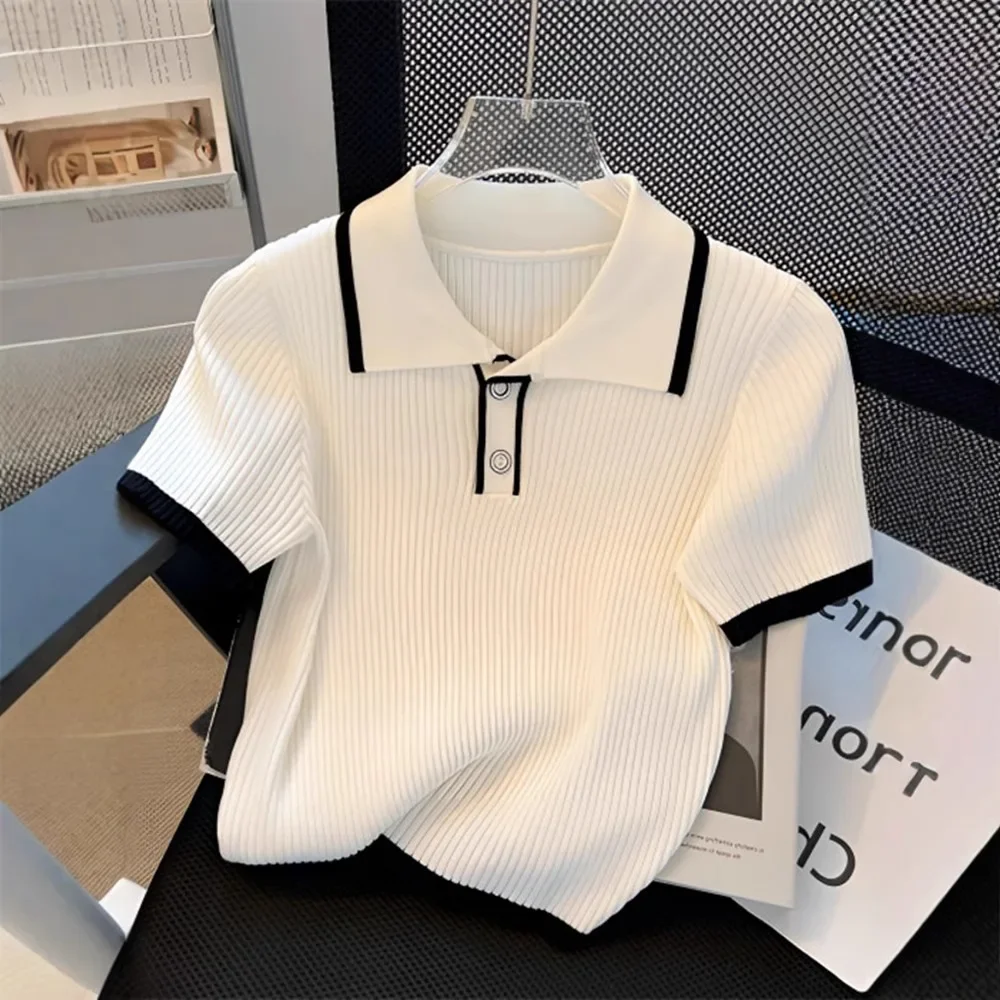 

2026 New Elegant Polo Neck Knit Top Women Short Sleeve Button Detail Contrast Trim Slim Fitted Casual Office Daily Soft Knit