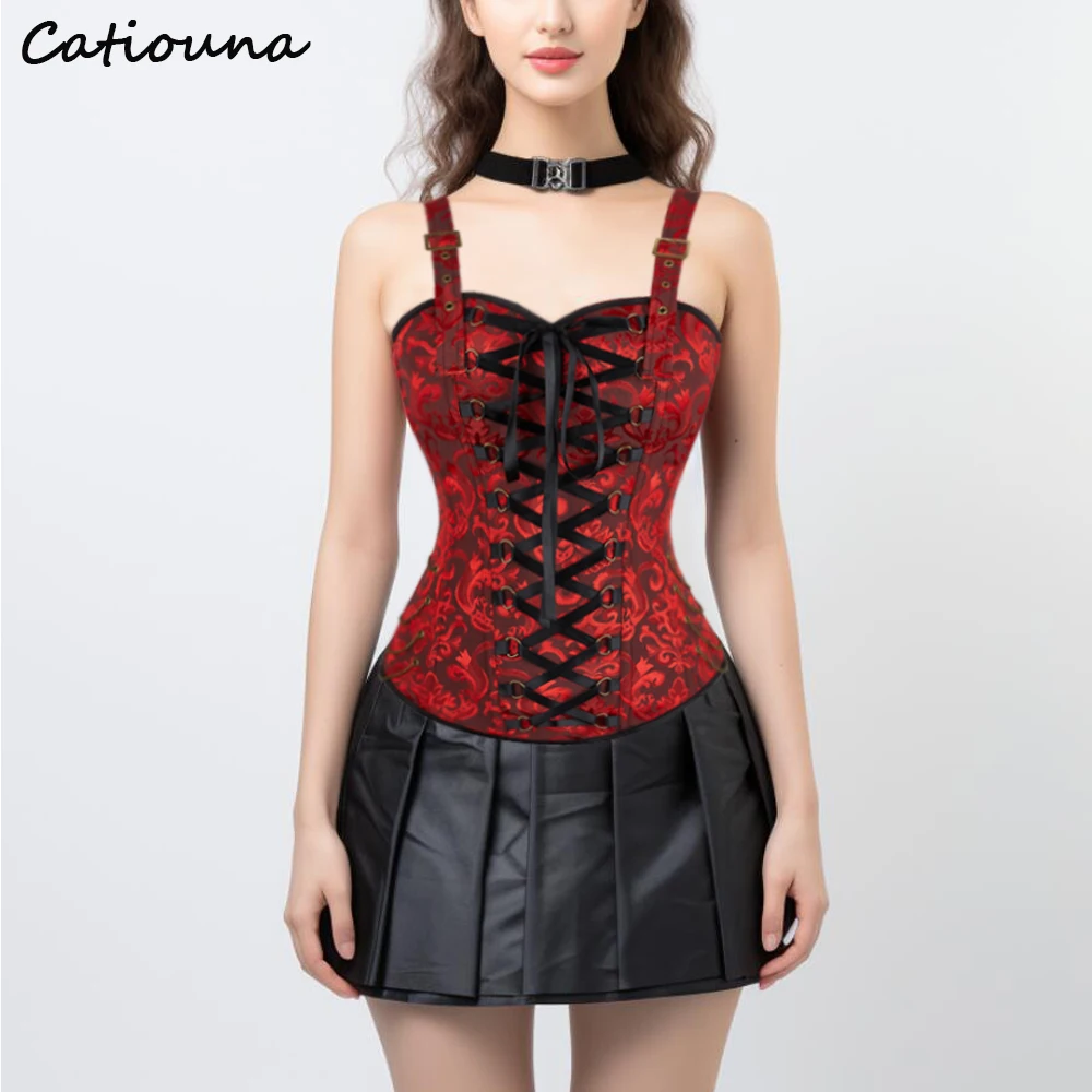 Overbust Corset Top with Straps Jacquard Corset Bustier Plus Size for Women Vintage Medieval Corset Black Red Blue Brown